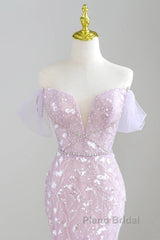 Mermaid V Neck Tulle Sequin Purple Long Formal Prom Dresses, Purple Long Formal Dresses