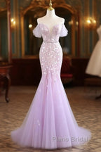 Mermaid V Neck Tulle Sequin Purple Long Formal Prom Dresses, Purple Long Formal Dresses