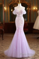 Mermaid V Neck Tulle Sequin Purple Long Formal Prom Dresses, Purple Long Formal Dresses