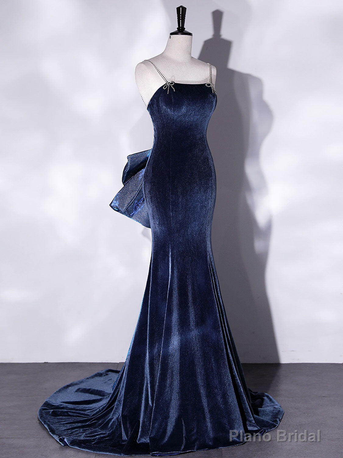 Mermaid Velvet Blue Long Prom Dresses, Blue Velvet Long Evening Dress Secondary image