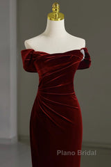 Mermaid Velvet Burgundy Long Formal Prom Dresses, Burgundy Long Evening Dresses