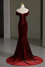 Mermaid Velvet Burgundy Long Formal Prom Dresses, Burgundy Long Evening Dresses