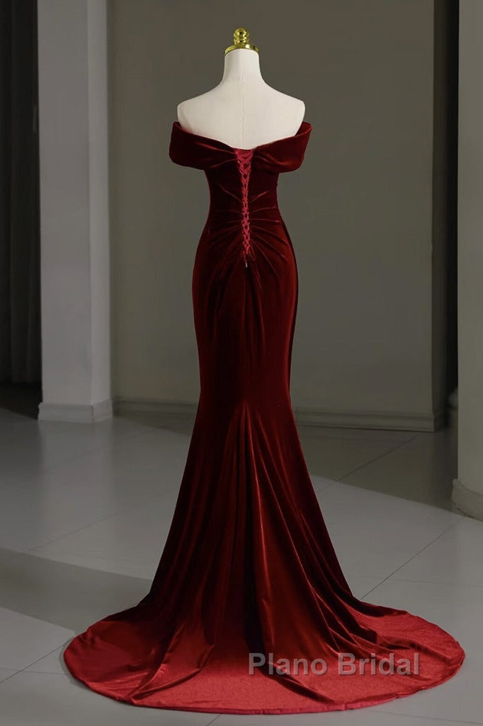 Mermaid Velvet Burgundy Long Formal Prom Dresses, Burgundy Long Evening Dresses