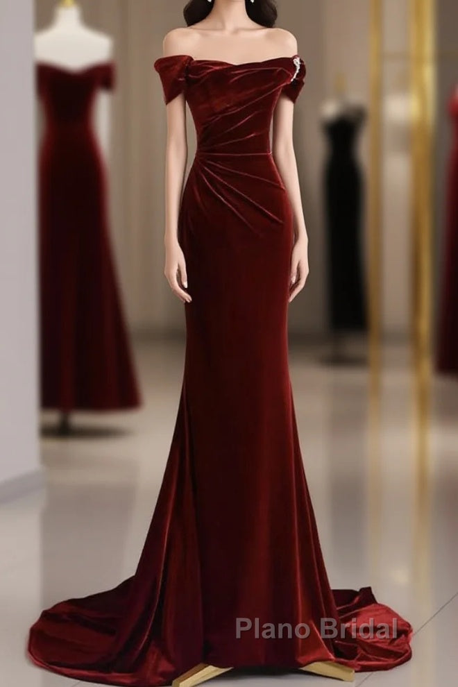 Mermaid Velvet Burgundy Long Formal Prom Dresses, Burgundy Long Evening Dresses Main image
