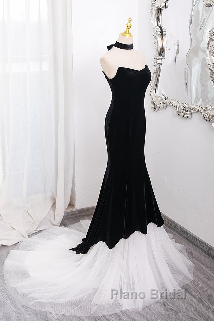 Mermaid Velvet Tulle Black Long Formal Prom Dresses, Black Long Formal Dresses