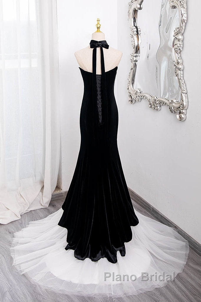 Mermaid Velvet Tulle Black Long Formal Prom Dresses, Black Long Formal Dresses