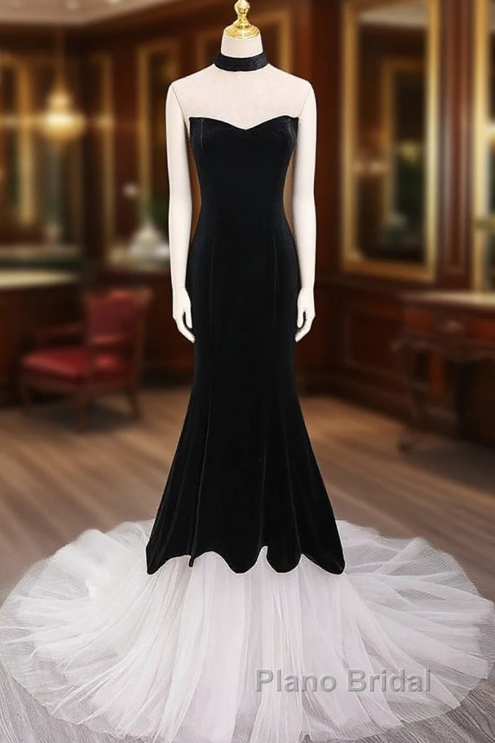 Mermaid Velvet Tulle Black Long Formal Prom Dresses, Black Long Formal Dresses