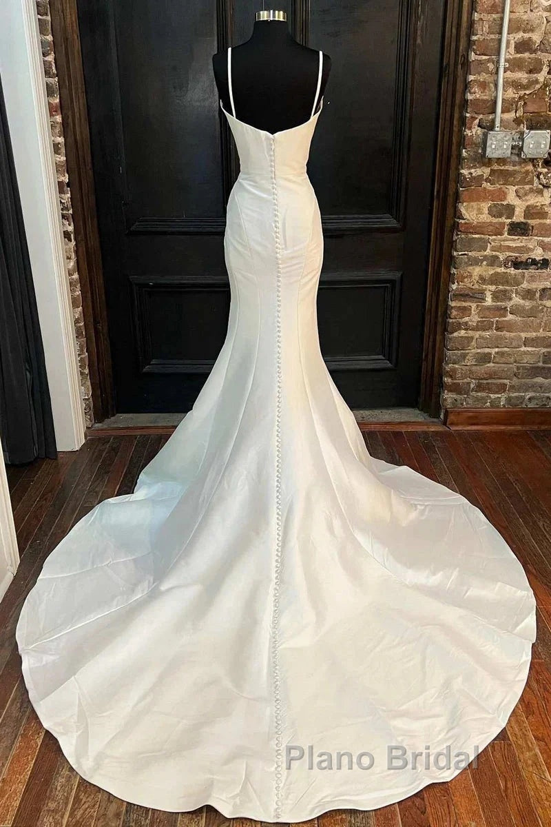 Mermaid White Spaghetti Straps Long Lace Wedding Dresses