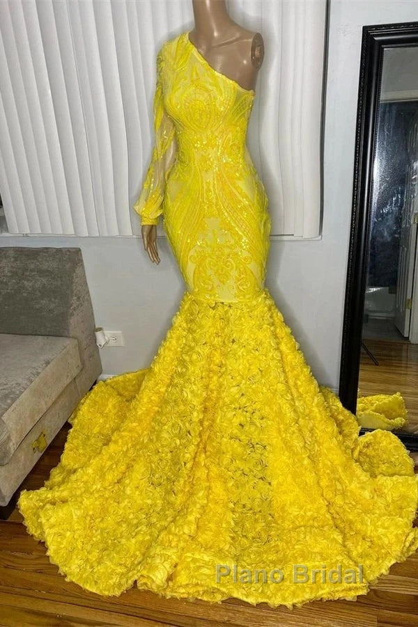 Mermaid Yellow One Shoulder  Long Sleeve Formal Prom Dresses Secondary image