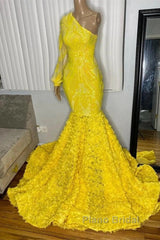 Mermaid Yellow One Shoulder  Long Sleeve Formal Prom Dresses