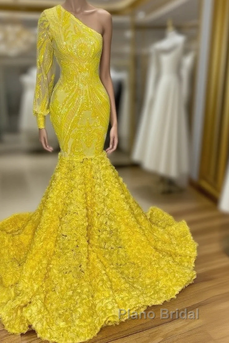 Mermaid Yellow One Shoulder  Long Sleeve Formal Prom Dresses Main image