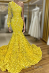Mermaid Yellow One Shoulder  Long Sleeve Formal Prom Dresses