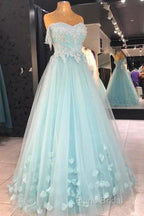 Mint Blue Sweetheart Tulle With Lace And Flowers Formal Dresses, Tulle Long Formal Prom Dresses Party Dresses