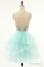 Mint Green Homecoming Dresses Straps V-Neck Multi-Layer Beaded Prom Dresses