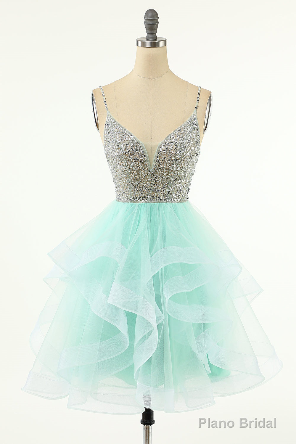 Mint Green Homecoming Dresses Straps V-Neck Multi-Layer Beaded Prom Dresses