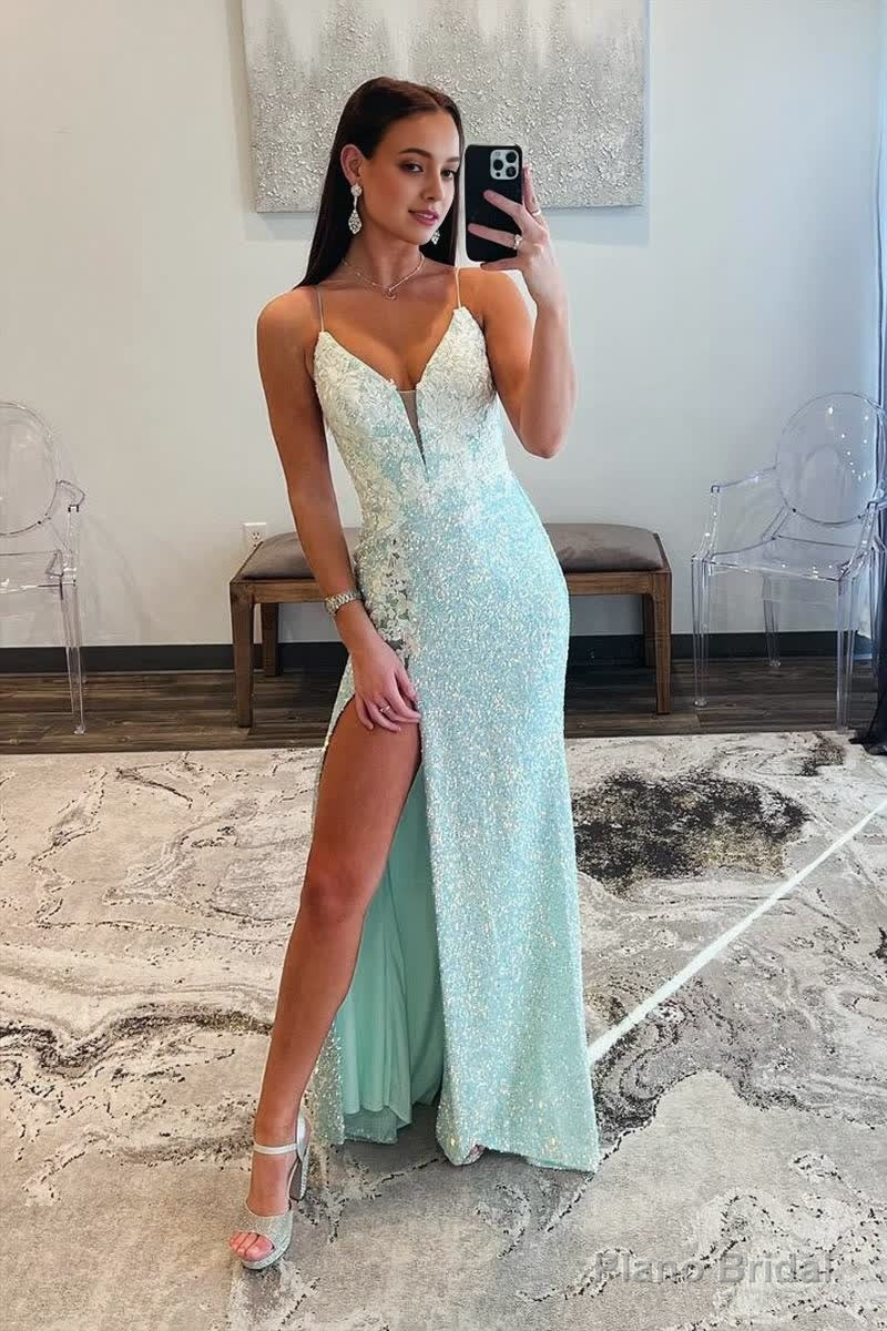 Mint Green Spaghetti Straps Sequins Mermaid Long Prom Dresses With Split Secondary image