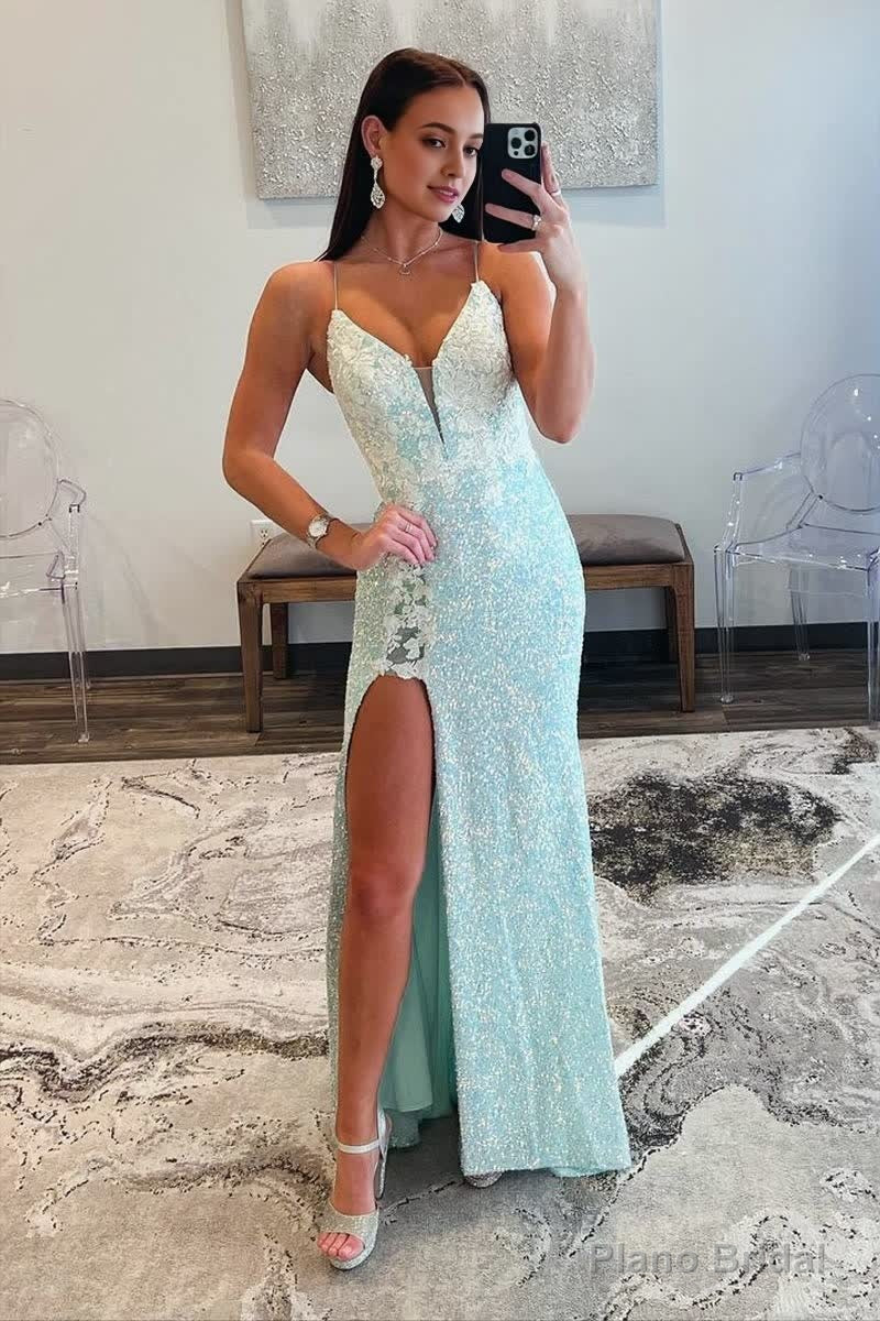 Mint Green Spaghetti Straps Sequins Mermaid Long Prom Dresses With Split Main image