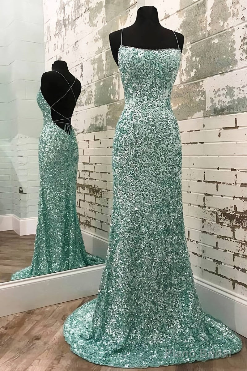 Mint Green Sparkly Mermaid Prom Dress,Long Backless Evening Dresses Main image