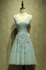 Mint Green Tulle Short Lace Beaded Knee Length Wedding Party Dresses, Lovely Homecoming Dresses Formal Prom Dresses