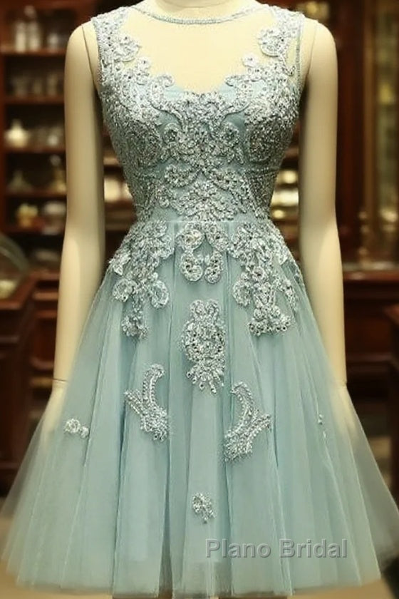 Mint Green Tulle Short Lace Beaded Knee Length Wedding Party Dresses, Lovely Homecoming Dresses Formal Prom Dresses Main image