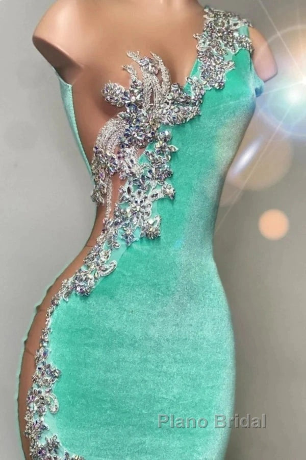 Mint Green Velvet Crstyal Sheer Mermaid Formal Prom Dresses