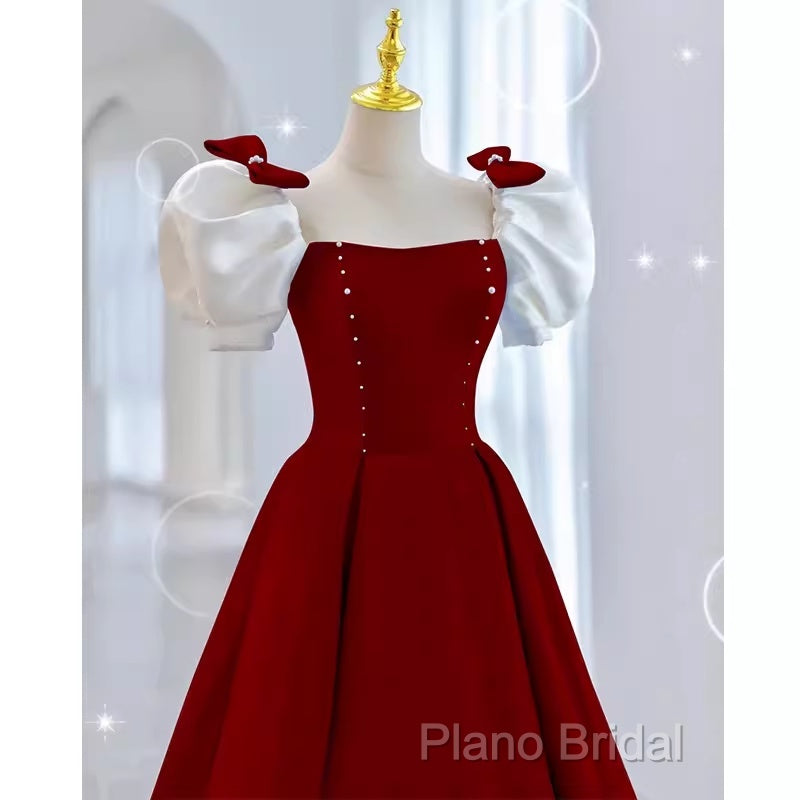 Modest A Line Long Short Sleeves Satin Red Formal Prom Dresses Secondary image