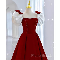 Modest A Line Long Short Sleeves Satin Red Formal Prom Dresses