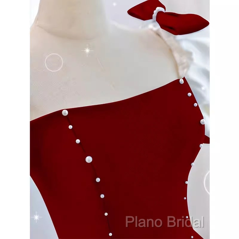 Modest A Line Long Short Sleeves Satin Red Formal Prom Dresses