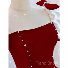 Modest A Line Long Short Sleeves Satin Red Formal Prom Dresses