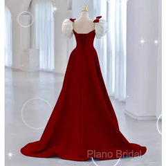 Modest A Line Long Short Sleeves Satin Red Formal Prom Dresses
