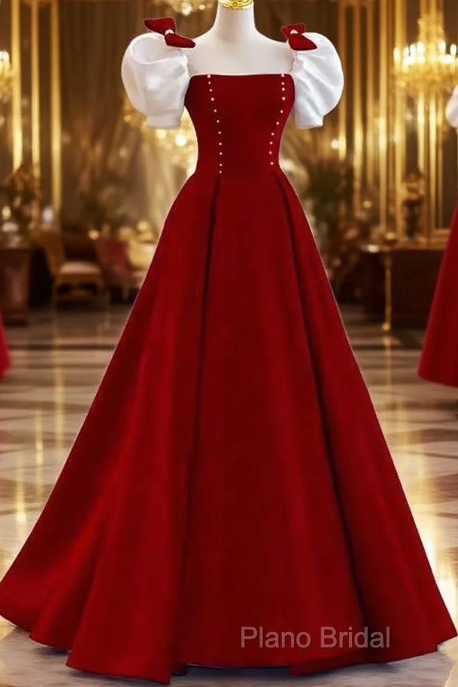 Modest A Line Long Short Sleeves Satin Red Formal Prom Dresses Main image