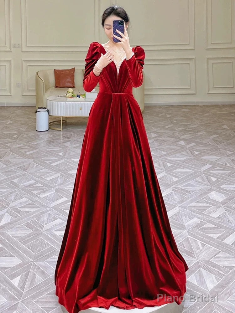 Modest A Line Long Sleeves Red Satin Evening Dress Prom Dresses Secondary image