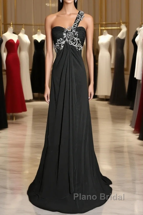 Modest A Line One Shoulder Gray Chiffon Long Formal Prom Dresses Party Dresses Main image