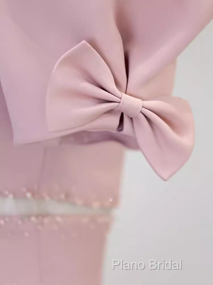 Modest A Line Short Sleeves Long Pink Formal Prom Dresses