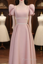 Modest A Line Short Sleeves Long Pink Formal Prom Dresses