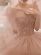 Modest A Line Spaghetti Straps Tulle Pink Evening Dress Prom Dresses