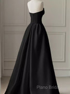 Modest A Line Strapless Long Satin Black Formal Prom Dresses
