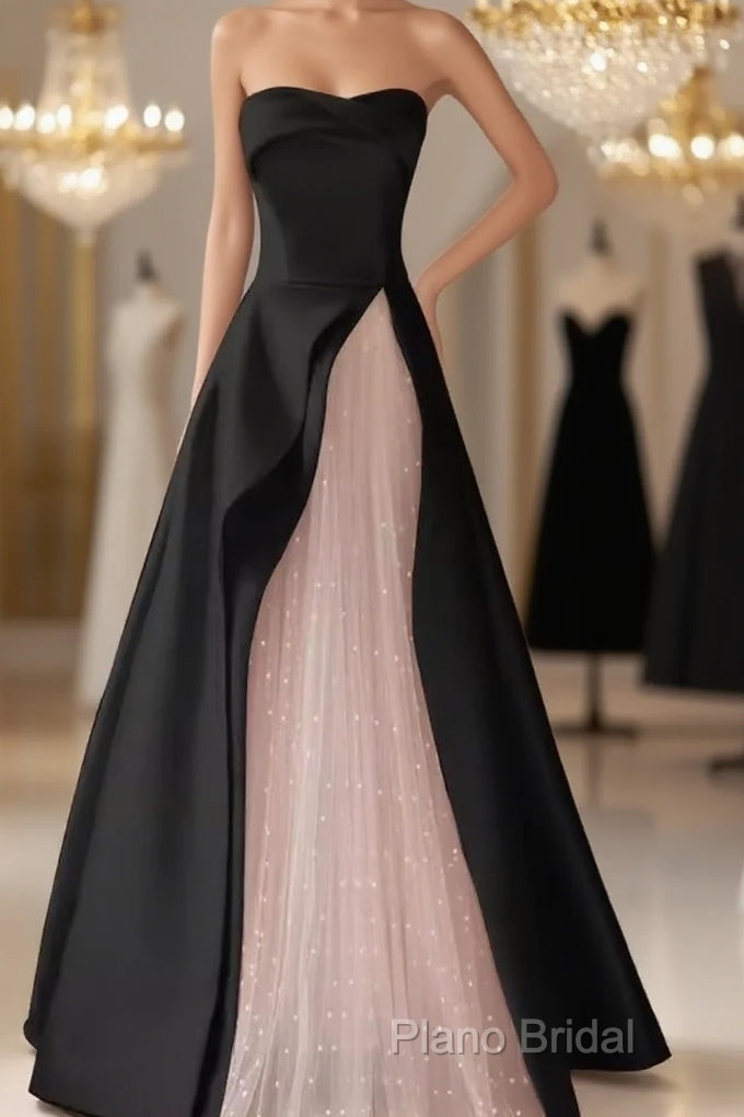Modest A Line Strapless Long Satin Black Formal Prom Dresses
