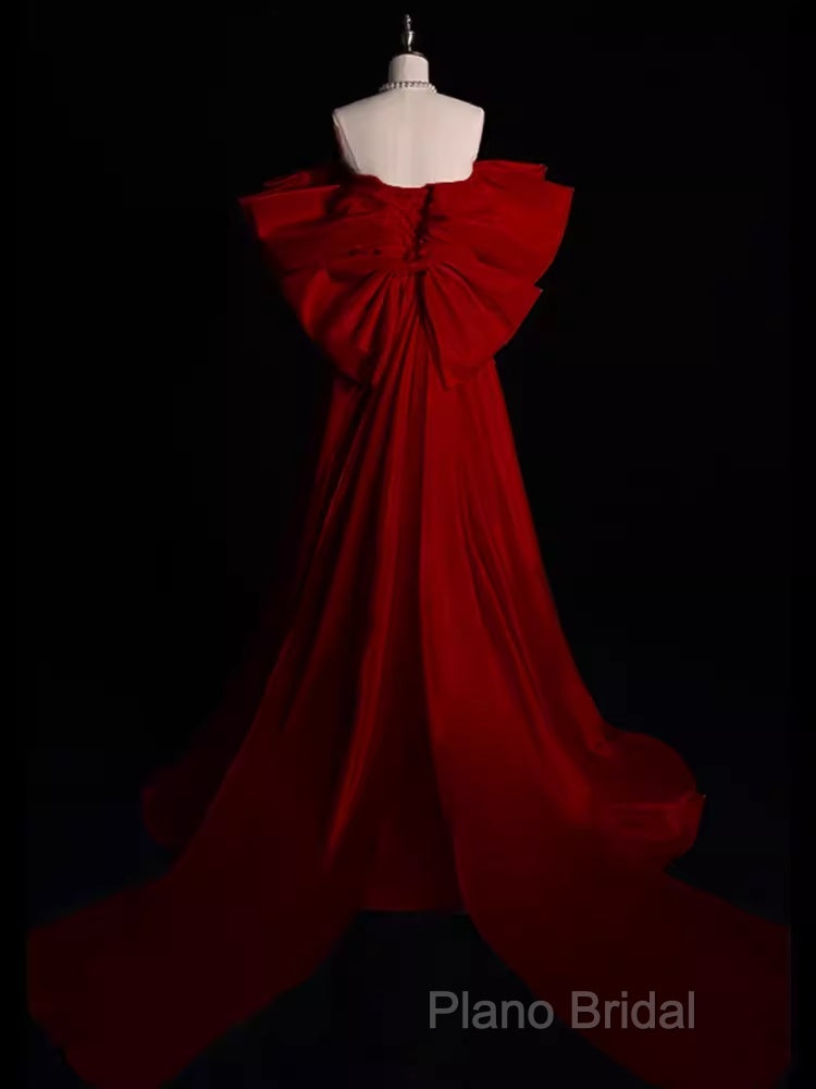 Modest A Line Strapless Long Short Sleeves Satin Red Formal Prom Dresses