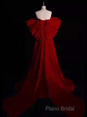 Modest A Line Strapless Long Short Sleeves Satin Red Formal Prom Dresses