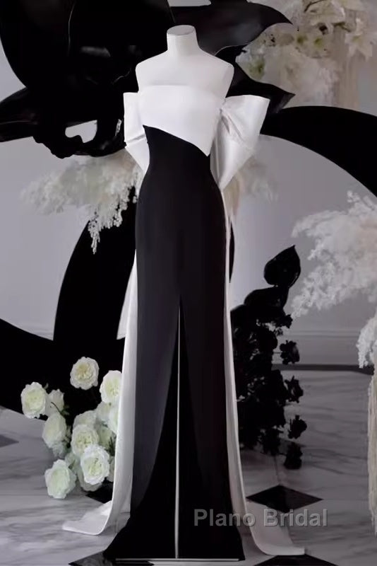Modest A Line Strapless Long Sleeveless Satin Black Formal Prom Dresses Secondary image