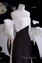 Modest A Line Strapless Long Sleeveless Satin Black Formal Prom Dresses