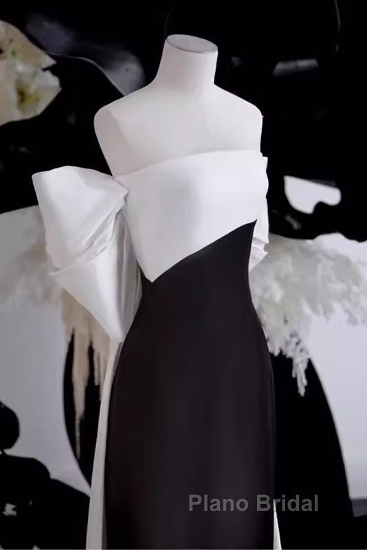 Modest A Line Strapless Long Sleeveless Satin Black Formal Prom Dresses