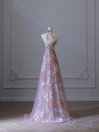 Modest A Line Strapless Pink Tulle Flowers Evening Dress Prom Dresses