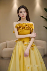 Modest A Line Strapless Yellow Tulle Long Formal Prom Dresses Party Dresses