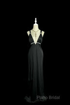 Modest A Line Straps Black Satin Long Formal Prom Dresses Party Dresses