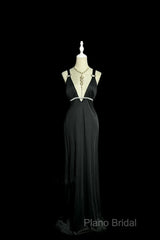 Modest A Line Straps Black Satin Long Formal Prom Dresses Party Dresses