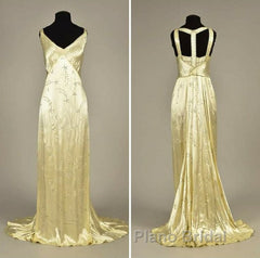 Modest A Line V Neckline Yellow Satin Beads Long Party Dresses Formal Prom Dresses