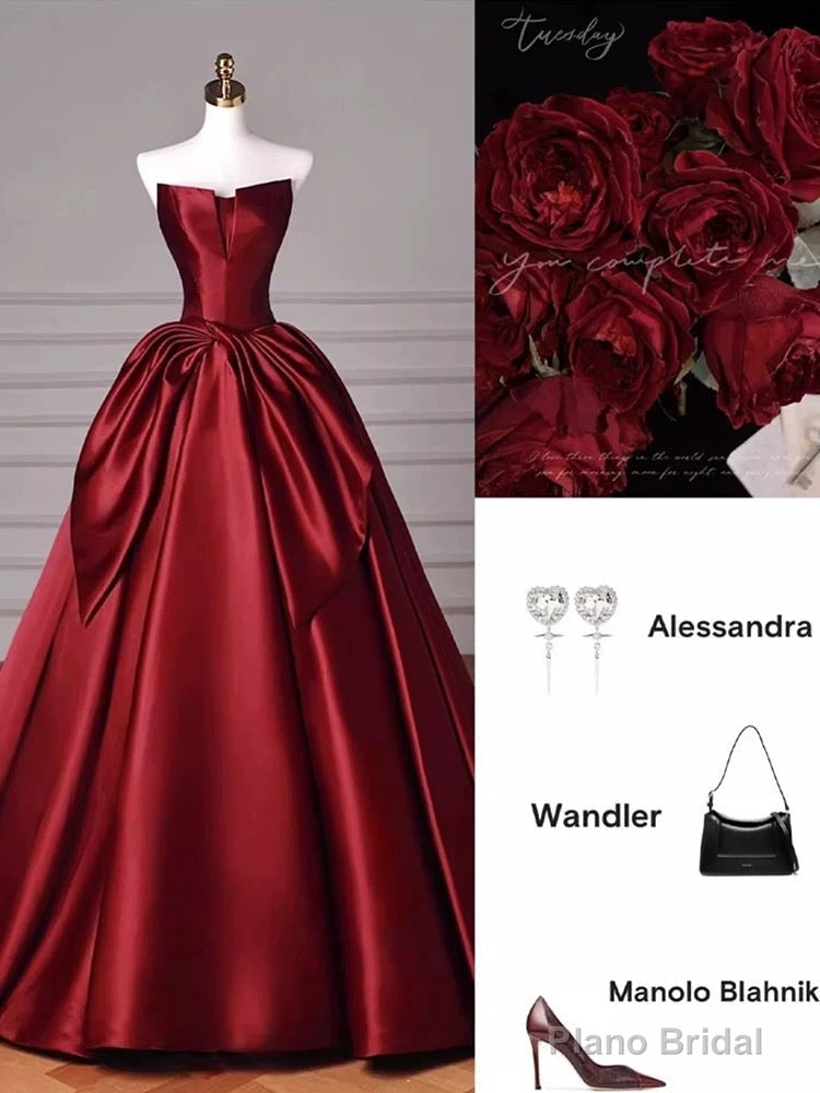 Modest Ball Gown Strapless Burgundy Satin Floor Length Evening Dress Prom Dresses Secondary image