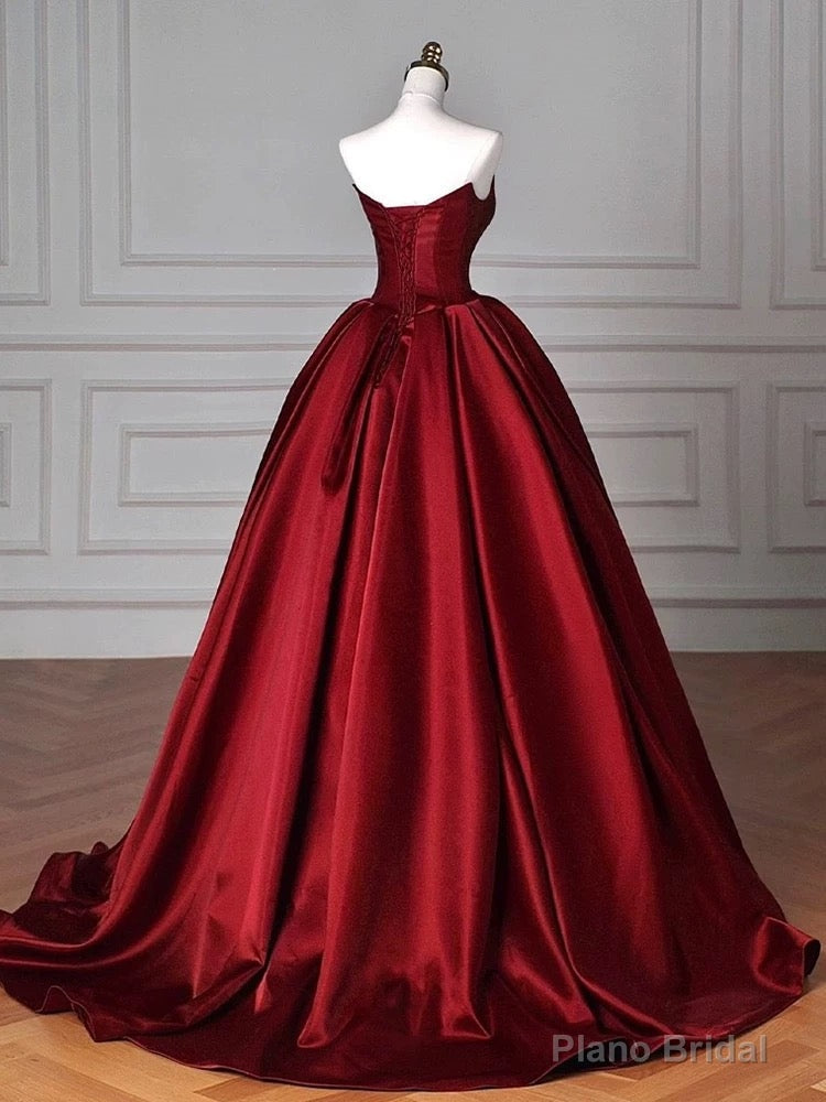 Modest Ball Gown Strapless Burgundy Satin Floor Length Evening Dress Prom Dresses Main image